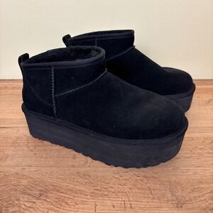 UGG Classic Ultra Mini Platform Ankle Boots In Black Women Size 8 Suede Warm